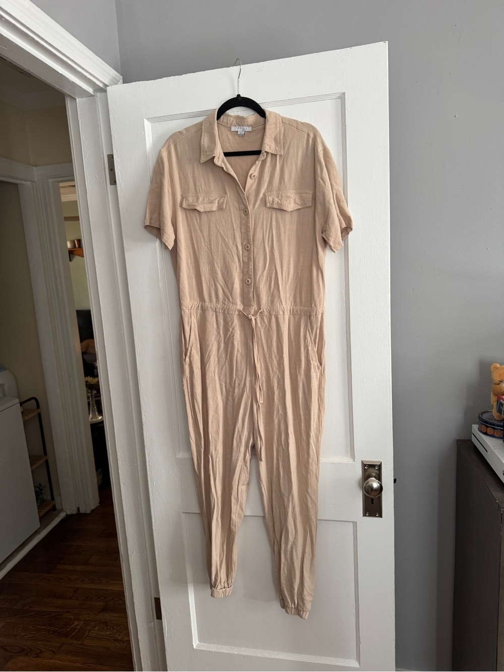Light Beige Women’s Linen Jumpsuit - Casual Button-Front